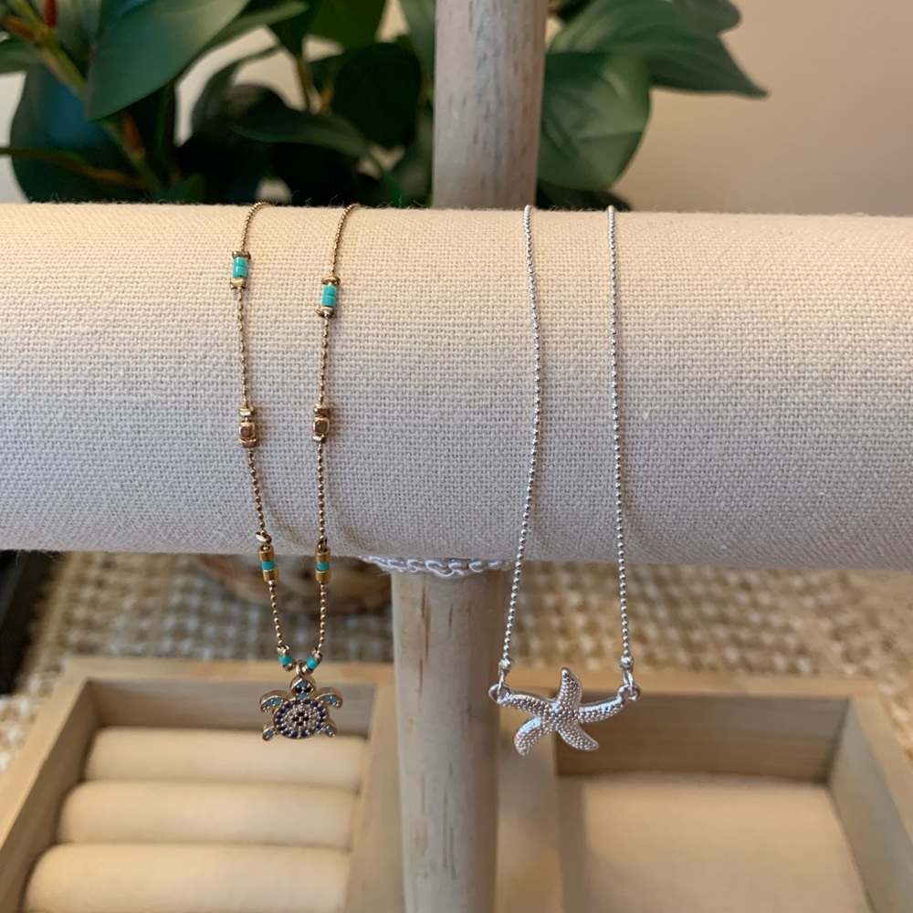 Set of Two Anklets—Silver Starfish and Gold Turtle Anklets
